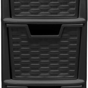 Black Plastic Rattan Tower Storage Unit with 3 Medium Drawers