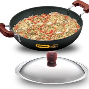 FUTURA AD75S Hard Anodized Deep Frying Pan/Kadhai with Lid, 36cm/7.5L Capacity