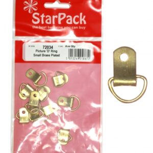 STAR PACK 4 SMALL BRASS-PLATED D-RING PICTURE HANGERS