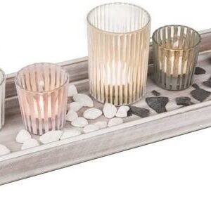 Tealight Votive Candle Holder Set with Pebbles and Wooden Tray Base for 4 Candles