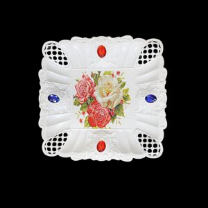 The product you're describing sounds like a decorative serving tray made of plastic with a printed design and embellished with jewels. The tray has a diameter of 22 cm and is...