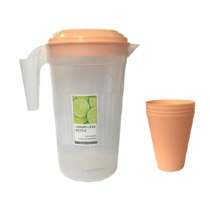 The product you're referring to is a Transparent Plastic Water Juice Pitcher Jug, which has a capacity of 2400ml. It comes with matching cups and is available in assorted...
