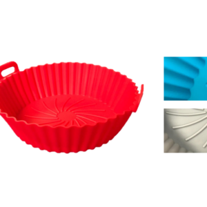 This product appears to be a kitchen accessory designed for use with air fryers. It is a silicone baking liner with handles, intended to fit round air fryer baskets with a...