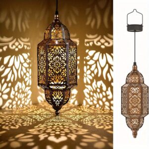 1pc Moroccan Style Solar Lantern, Polished Metal Hanging Moon Lamp, Light Sensor Controlled, Outdoor Garden Decor, Solar-Powered with 800mAh Nickel Battery, for Patio, Pathway, Yard, Porch Decor