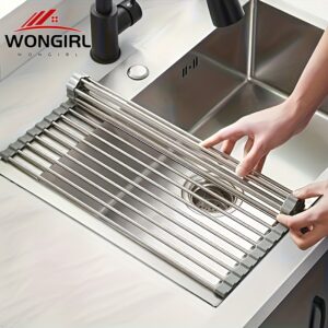 1pc Deluxe Roll-Up Stainless Steel Dish Drying Rack - Space-Saving, Multifunctional, Over-The-Sink Design, Portable, Rollable, Anti-Rust, Easy to Clean, Kitchen Sink Organizer, Tool, and Mat - Perfect for Small Kitchens, Dish Drying Rack|Modern Kitchen Ac