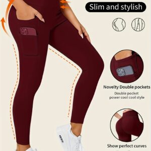 Sporty Solid Lounge Bottoms, Seamless High Rise Slim Fit Leggings With Side Pockets, Women's Loungewear