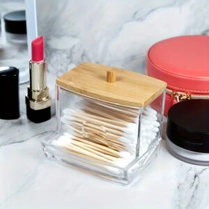 1pc Clear Acrylic Swab Holders With Wooden Lid, Dust-proof Storage Jars For Swab, Jewelry, Powder Puffs, Beauty Eggs, Household Storage Organizer For Dresser, Desktop, Bathroom, Home, Dorm