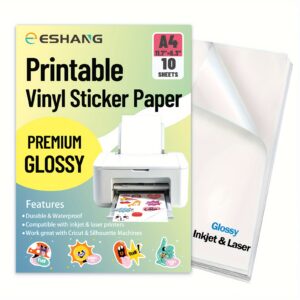 Glossy Waterproof Vinyl Sticker Sheets - 10 Sheets A4 Size (8.3 x 11.7 inches) - Self-adhesive, Compatible with Inkjet & Laser Printers