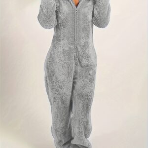 Fuzzy Hooded Pajama Jumpsuit For Music Festival, Comfy & Cute Long Sleeve Zipper Pajamas, Women's Lingerie & Sleepwear