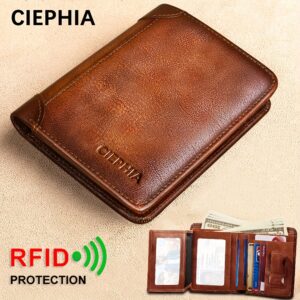1pc CIEPHIA Vintage Genuine Leather RFID Blocking Wallet for Men - Slim, Multi-Functional ID & Credit Card Holder, Deep Brown with Embossed Logo, Ideal Gift for Valentine's Day