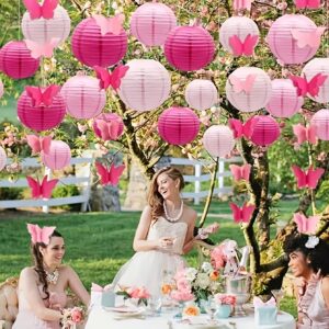 19pcs Pink Paper Lanterns, Pink Pom Poms, Pink Butterfly Garlands, Hanging Paper Balls, Lanterns, Garlands, Wedding Party Background Decoration, Suitable for Wedding Party Bride Bedroom Decoration, Wedding Banquet Decoration, Anniversary Decoration, Birth