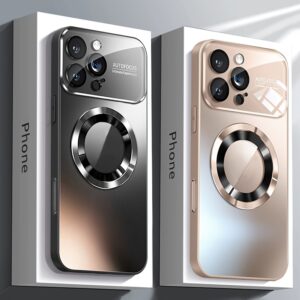 Titanium-Colored Magnetic Wireless Charging Phone Case - Luxury Shockproof Hard Matte Back Cover - Compatible with iPhone 11/12/13/14/15/16 Pro Max Plus, Fully Encasing Camera Lens Protection