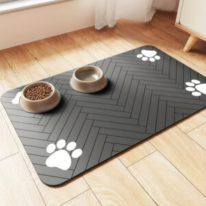 1pc Fast-Drying Diatomaceous Earth Pet Feeding Mat – Splash-Proof, Absorbent, Easy to Clean for Dogs and Cats, Herringbone Pattern with Paw Print Design, Black, Pet Feeding Mats Washable