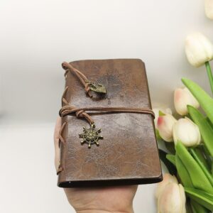 Vintage Leather Journal Notebook with Matte Finish and Plain Pages - Antique Pirate-Themed Nautical Compass Design Hardcover Writing Diary with Metal Clasp Closure and Spiral Ring Binder