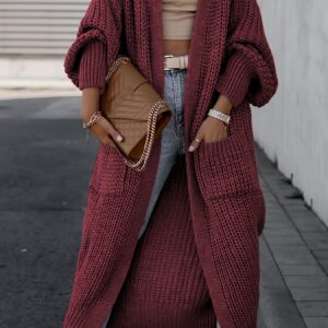 Solid Open Front Pocket Cardigan, Casual Long Sleeve Long Length Sweater For Fall & Winter, Women's Clothing