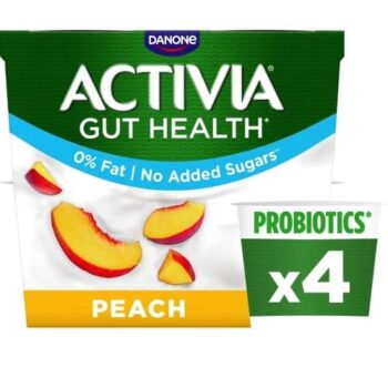 Activia Peach No Added Sugar Fat Free Yogurt 0% Fat Gut Health (4 x 115g)