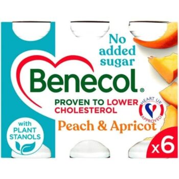 Benecol Peach & Apricot No Added Sugar Yogurt Drink Cholesterol Lowering (6 x 67.5g)