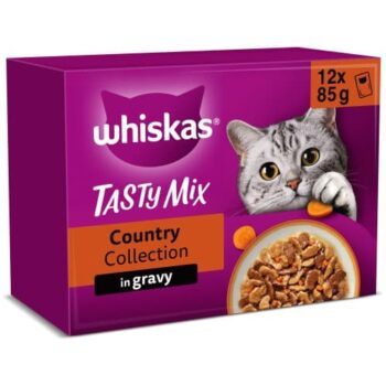 Whiskas 1+ Country Collection Mix Adult Wet Cat Food Pouch in Gravy Tasty Classic Selection with Veg (12 x 85g)