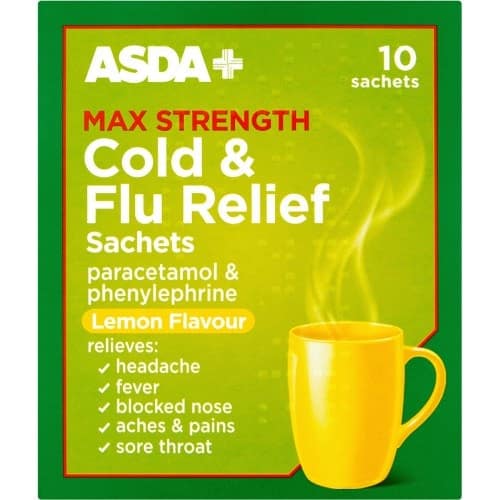 ASDA Max Strength Cold & Flu Relief Sachets Lemon Flavour 10 Sachets