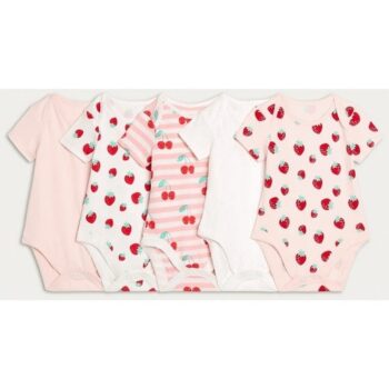 F&F Baby 5-Pack Pure Cotton Fruit Print Short Sleeved Bodysuits in Pink