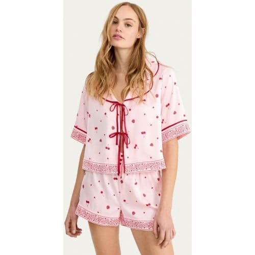 F&F CoolEase Satin Fruit Print Shirt and Shorts Pyjama Set in Multi Pink