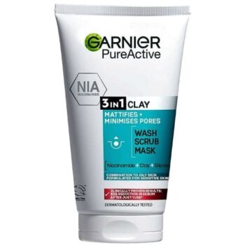 Garnier Pure Active 3in1 Clay Mask Scrub Wash for Oily Skin Cleansing Tube (150ml)