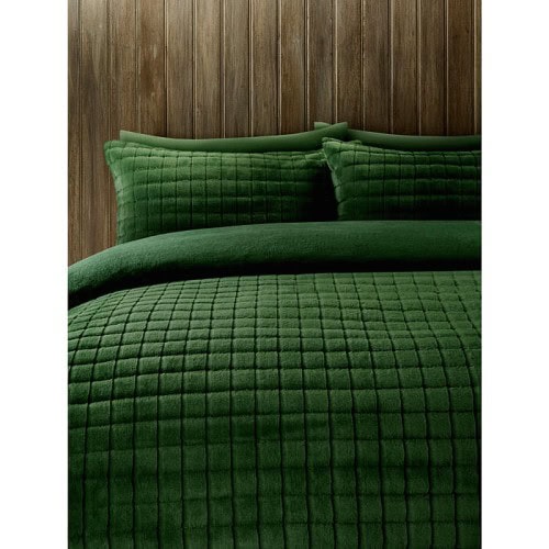 George Home Green Grid Check Super Soft Faux Fur Jacquard Duvet Set Single