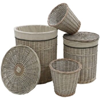 JVL 4 Piece Arianna Grey Round Willow Laundry and Waste Paper Basket Set
