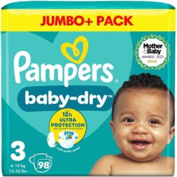 Pampers Baby-Dry Size 3 98 Nappies Jumbo+ Pack (98 x 6kg, 10kg)