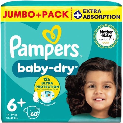 Pampers Baby-Dry Size 6+ 60 Nappies 14kg-19kg Jumbo+ Pack (60)