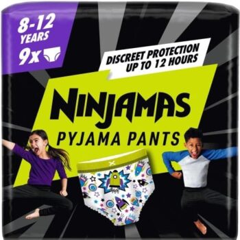 Pampers Ninjamas Boys Pyjama Pants 8-12 Years Bed Wetting 27-43kg (9 x 27kg, 43kg)