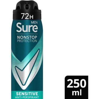 Sure Men 72hr Nonstop Protection Sensitive Antiperspirant Deodorant Aerosol (250ml)
