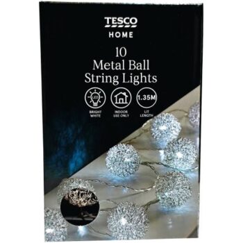 Tesco 10 Bright White Metal Ball String LED Christmas Lights