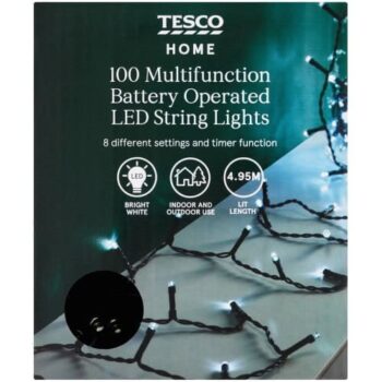 Tesco 100 Battery Multifunction Bright White Timer LED Christmas Lights
