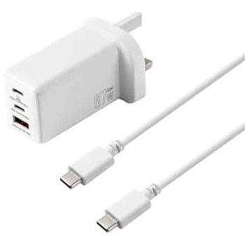 Tesco 3 Port USB C and USB A PD GaN Mains Home Charger Plug With USB C Phone Charger Cable White (67w)