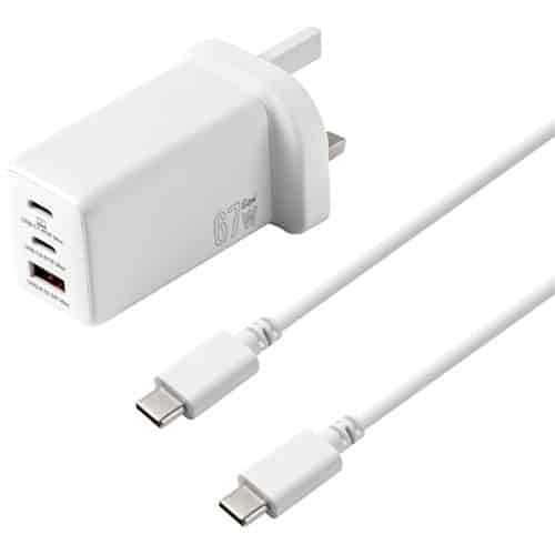 Tesco 3 Port USB C and USB A PD GaN Mains Home Charger Plug With USB C Phone Charger Cable White (67w)