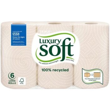 Tesco Luxury Soft 100% Recycled Toilet Tissue 6 Long Rolls