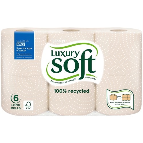 Tesco Luxury Soft 100% Recycled Toilet Tissue 6 Long Rolls
