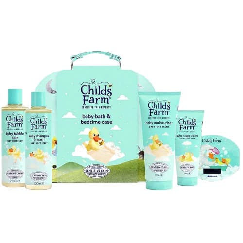 Childs Farm Baby Suitcase Gift Bubble Bath Shampoo & Body Wash Moisturiser & Nappy Cream (250ml, 200ml, 100ml)